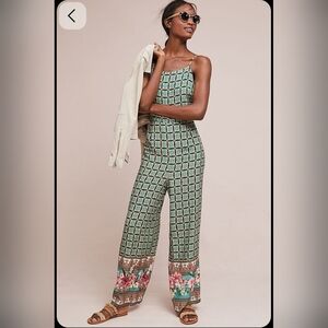 FARM Rio Green Printed Square-Neck Wide-Leg Jumpsuit with Floral Hem